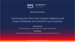 © 2018, Amazon Web Services, Inc. or Its Affiliates. All rights reserved.
Andi Gutmans
General Manager, Amazon Neptune, Amazon Web Services
Brad Bebee
Principal Product Manager, Amazon Neptune, Amazon Web Services
Big Data and Analytics
Connecting the dots: How Amazon Neptune and
Graph Databases can transform your business
 
