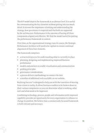 Connecting the dots 11
This R-P model depicts the framework at an abstract level. It is useful
for communicating the key elements without getting into too much
detail. It stresses the importance of setting and understanding the
strategy, how governance is required and that both are supported
by the architecture. Performance is the outcome of having all three
components aligned and effective. We find the model useful for putting
the performance framework in context.
Over time, as the organisational strategy runs its course, the Strategic
Performance Architect will need to be vigilant to ensure continual
alignment of these four elements.
The framework comprises:
yy a structured process for understanding what is currently in place
yy planning, designing and implementing improved business
performance
yy models and artefacts to enable visualisation and communication
yy guiding principles
yy governance considerations
yy a proven delivery methodology to connect the dots
yy a number of additional tools available on our website.
Realising Success®
is designed to help you with the transition of moving
from vision to reality. It allows business enablers to be broken down to
their various components so you can determine what is working, what
isn’t and what needs to be improved.
Combining technology, process, people and information with improved
capability provides an opportunity for every organisation to enhance or
change its position. We believe that a commercially focussed framework
is both relevant and necessary.
 