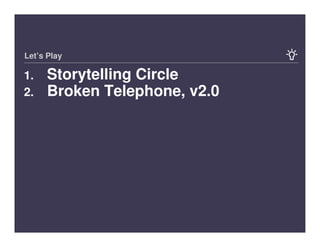 Let’s Play

     Storytelling Circle
1.
     Broken Telephone, v2.0
2.




14