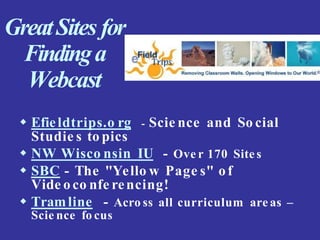 GreatSites for
Findinga
Webcast
 Efieldtrips.o rg - Scie nce and So cial
Studie s to pics
 NW Wisco nsin IU - Ove r 170 Site s
 SBC - The "Yello w Page s" of
Vide o co nfe rencing!
 Tramline - Acro ss all curriculum are as –
Scie nce fo cus
 