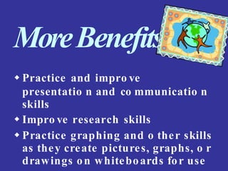 MoreBenefits
 Practice and impro ve
presentatio n and co mmunicatio n
skills
 Impro ve research skills
 Practice graphing and o ther skills
as they create pictures, graphs, o r
drawings on whiteboards for use
 