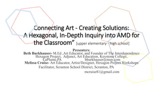 Connecting Art - Creating Solutions:
A Hexagonal, In-Depth Inquiry into AMD for
the Classroom” [upper elementary - high school]
Presenters:
Beth Burkhauser- M.Ed ,Art Educator, and Founder of The Interdependence
Hexagon Project, Adjunct, Art Education, Keystone College,
LaPlume,PA bburkhauser@msn.com
Melissa Cruise- Art Educator, Artist/Designer, Hexagon Project Workshops
Facilitator, Scranton School District, Scranton, PA
mcruise81@gmail.com
 