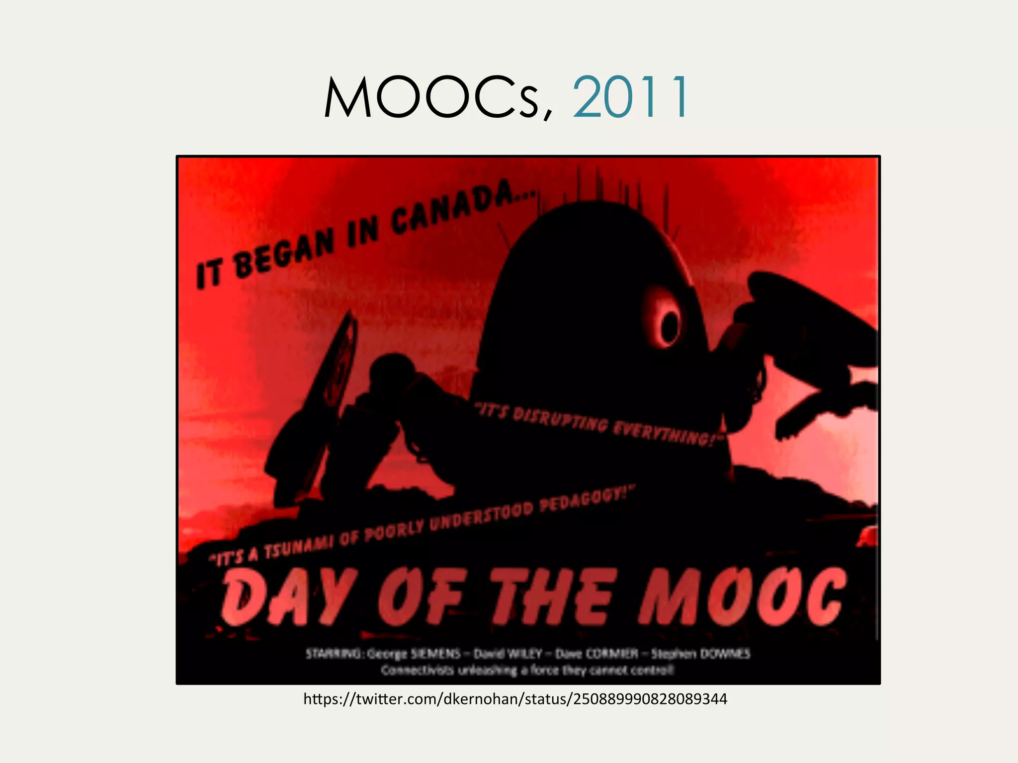 MOOCs, 2011
h"ps://twi"er.com/dkernohan/status/250889990828089344	
 