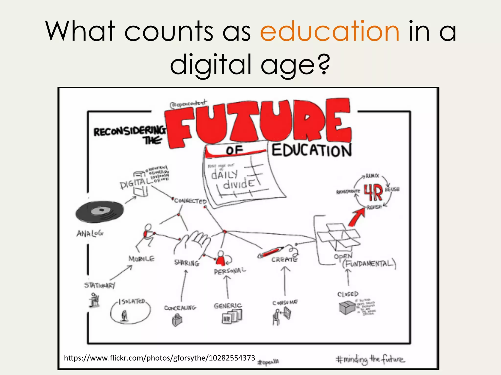 What counts as education in a
digital age?
h"ps://www.ﬂickr.com/photos/gforsythe/10282554373	
 