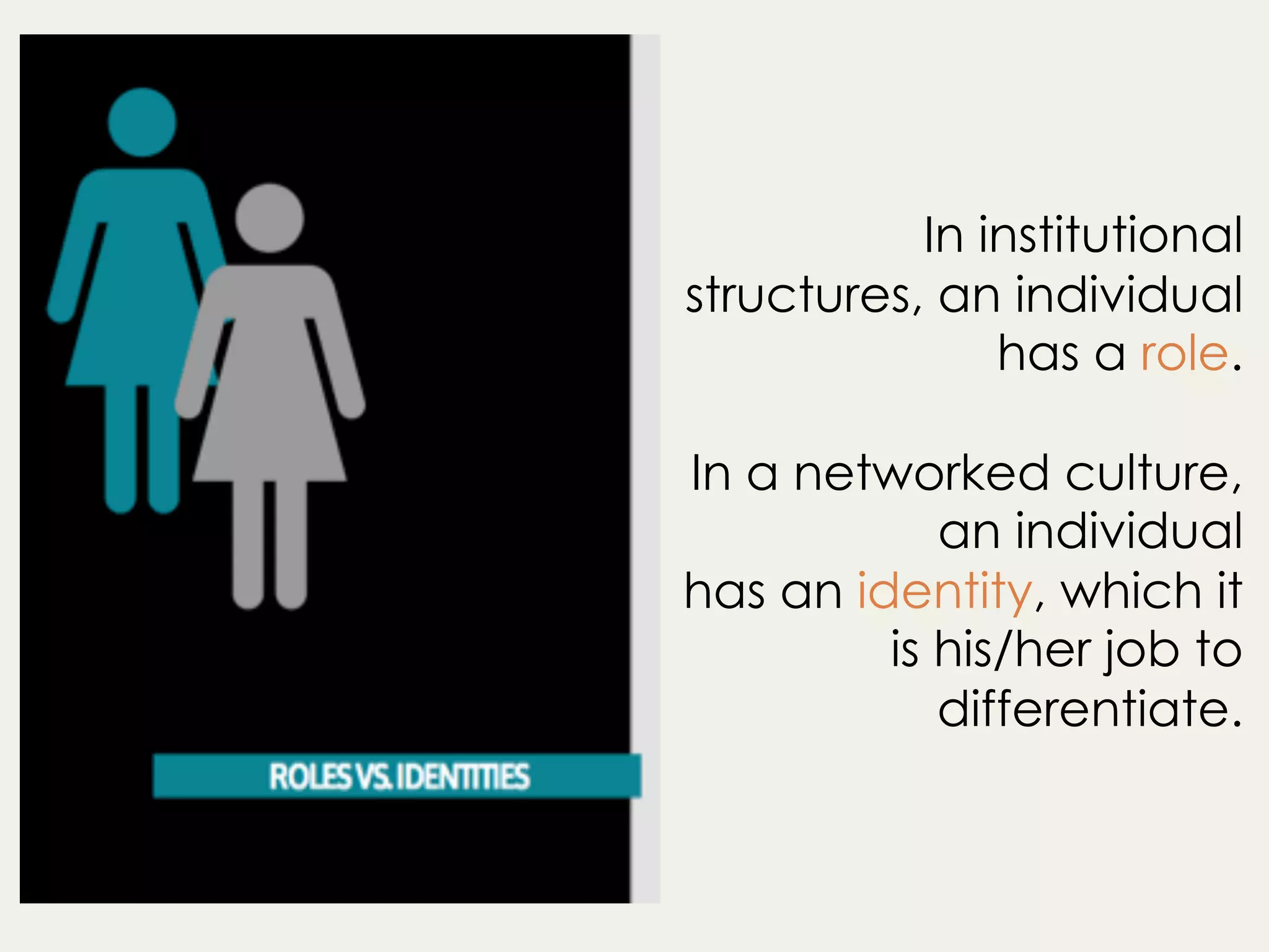 In institutional
structures, an individual
has a role.
In a networked culture,
an individual
has an identity, which it
is his/her job to
differentiate.
 