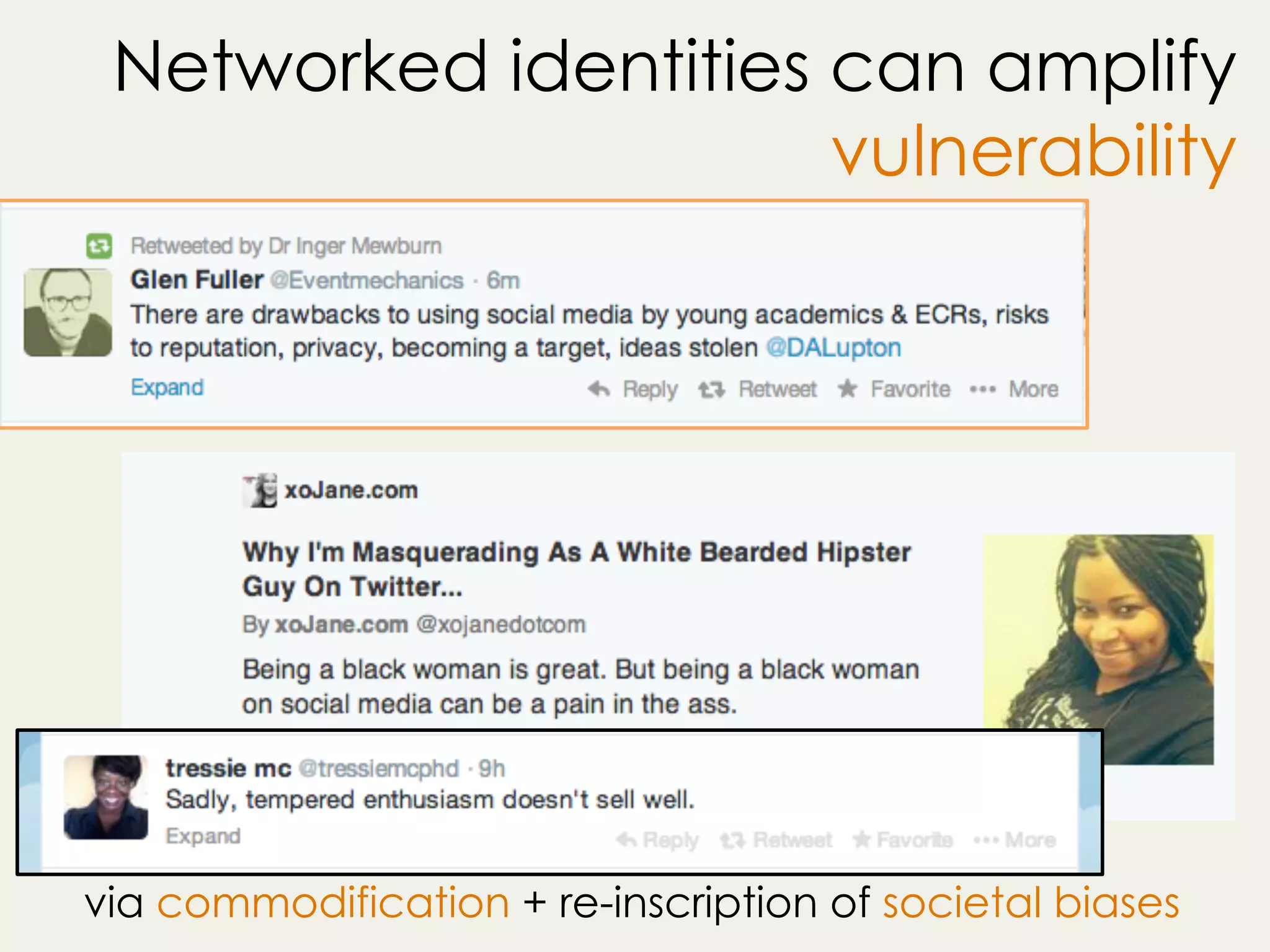 Networked identities can amplify
vulnerability
via commodification + re-inscription of societal biases
 