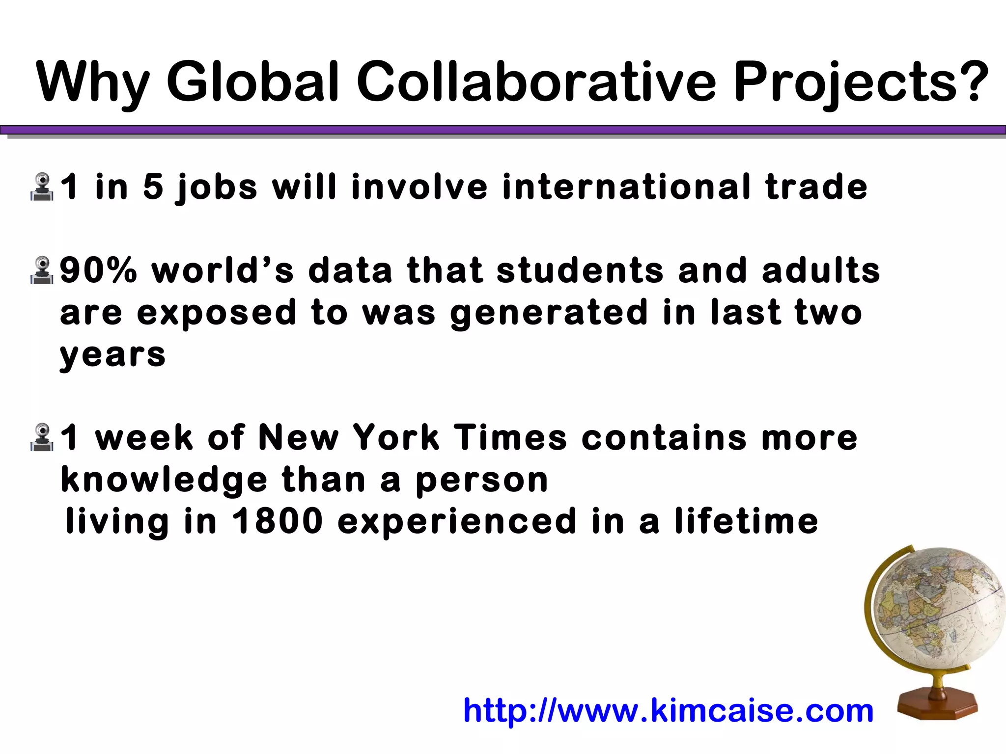 Why Global Collaborative Projects?
http://www.kimcaise.com
1 in 5 jobs will involve international trade
90% world’s data that students and adults
are exposed to was generated in last two
years
1 week of New York Times contains more
knowledge than a person
living in 1800 experienced in a lifetime
 