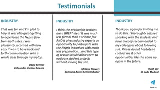 Nepris, Inc.Nepris, Inc.
INDUSTRY
That was fun and I'm glad to
help. It was also great getting
to experience the Nepris flow
from both sides. I was
pleasantly surprised with how
easy it was to have back and
forth communication with a
whole class through my laptop.
David Bettner
CoFounder, Curious Science
INDUSTRY
Thank you again for inviting me
to do this. I thoroughly enjoyed
speaking with the students and
have already recommended to
my colleagues about following
suit. Please do not hesitate to
contact me if other
opportunities like this come up
again in the future.
Hugh Lee
St. Jude Medical
INDUSTRY
I think the evaluation sessions
are a GREAT idea! It was much
less formal than a science fair
AND it gives industry experts an
opportunity to participate with
the Nepris initiatives with much
less preparation….and this type
of session would allow them to
evaluate student projects
without leaving the site.
Melanie Flowers
Samsung Austin Semiconductor
Testimonials
 