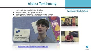 Nepris, Inc.Nepris, Inc.
• Pam McBride, Engineering Teacher
• Detyton Truitt, 10th grade students
• Neeraj Shah, Fastening Engineer, General Motors
www.youtube.com/watch?v=bdhQXHv1WiI
Video Testimony
McKinney High School
 