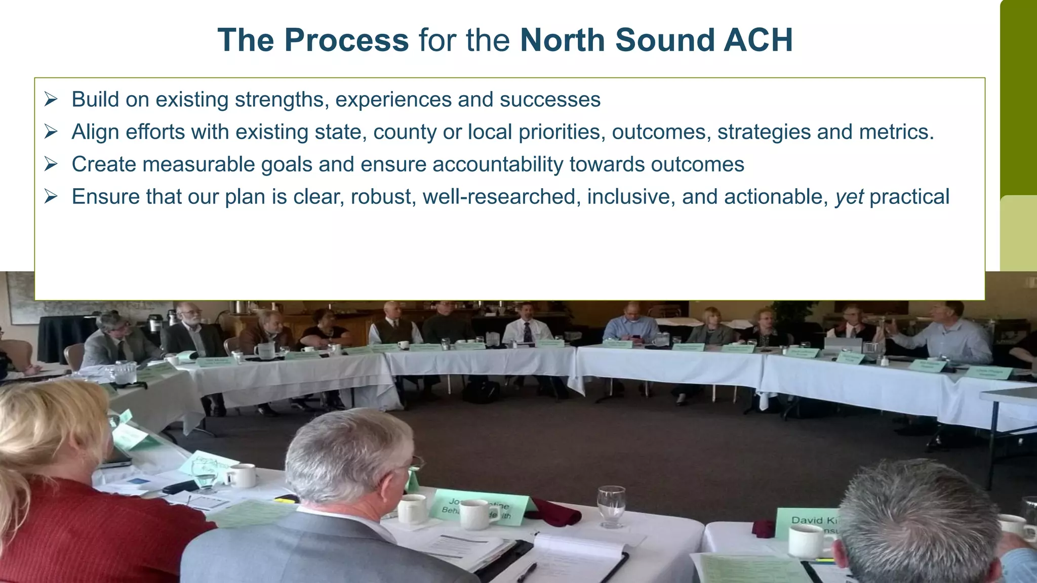 The Process for the North Sound ACH
 Build on existing strengths, experiences and successes
 Align efforts with existing state, county or local priorities, outcomes, strategies and metrics.
 Create measurable goals and ensure accountability towards outcomes
 Ensure that our plan is clear, robust, well-researched, inclusive, and actionable, yet practical
 