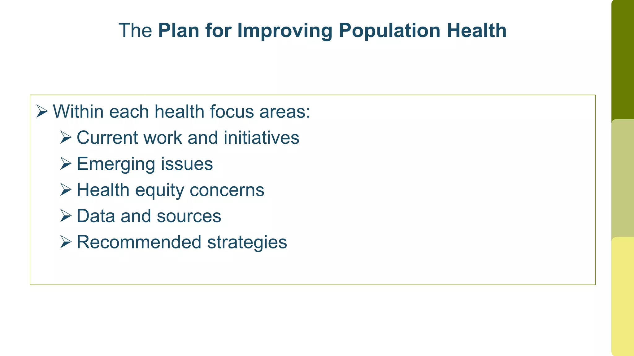  Within each health focus areas:
 Current work and initiatives
 Emerging issues
 Health equity concerns
 Data and sources
 Recommended strategies
The Plan for Improving Population Health
 