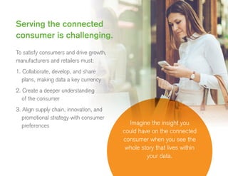 To satisfy consumers and drive growth,
manufacturers and retailers must:
1. Collaborate, develop, and share
plans, making data a key currency
2. Create a deeper understanding
of the consumer
3. Align supply chain, innovation, and
promotional strategy with consumer
preferences
Serving the connected
consumer is challenging.
Imagine the insight you
could have on the connected
consumer when you see the
whole story that lives within
your data.
 