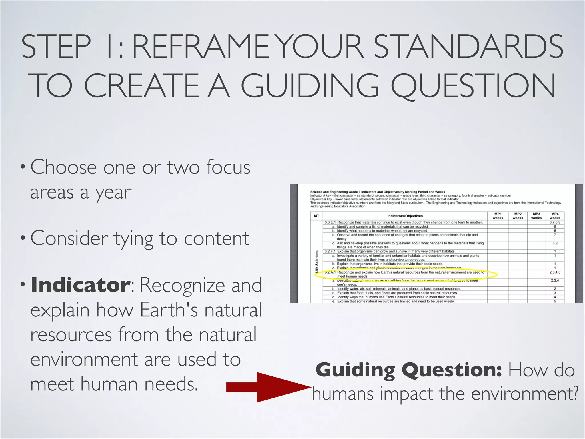 STEP 1: REFRAME YOUR STANDARDS
TO CREATE A GUIDING QUESTION

• Choose  one or two focus
 areas a year

• Consider   tying to content

• Indicator: Recognize  and
 explain how Earth's natural
 resources from the natural
 environment are used to         Guiding Question: How do
 meet human needs.               humans impact the environment?
 