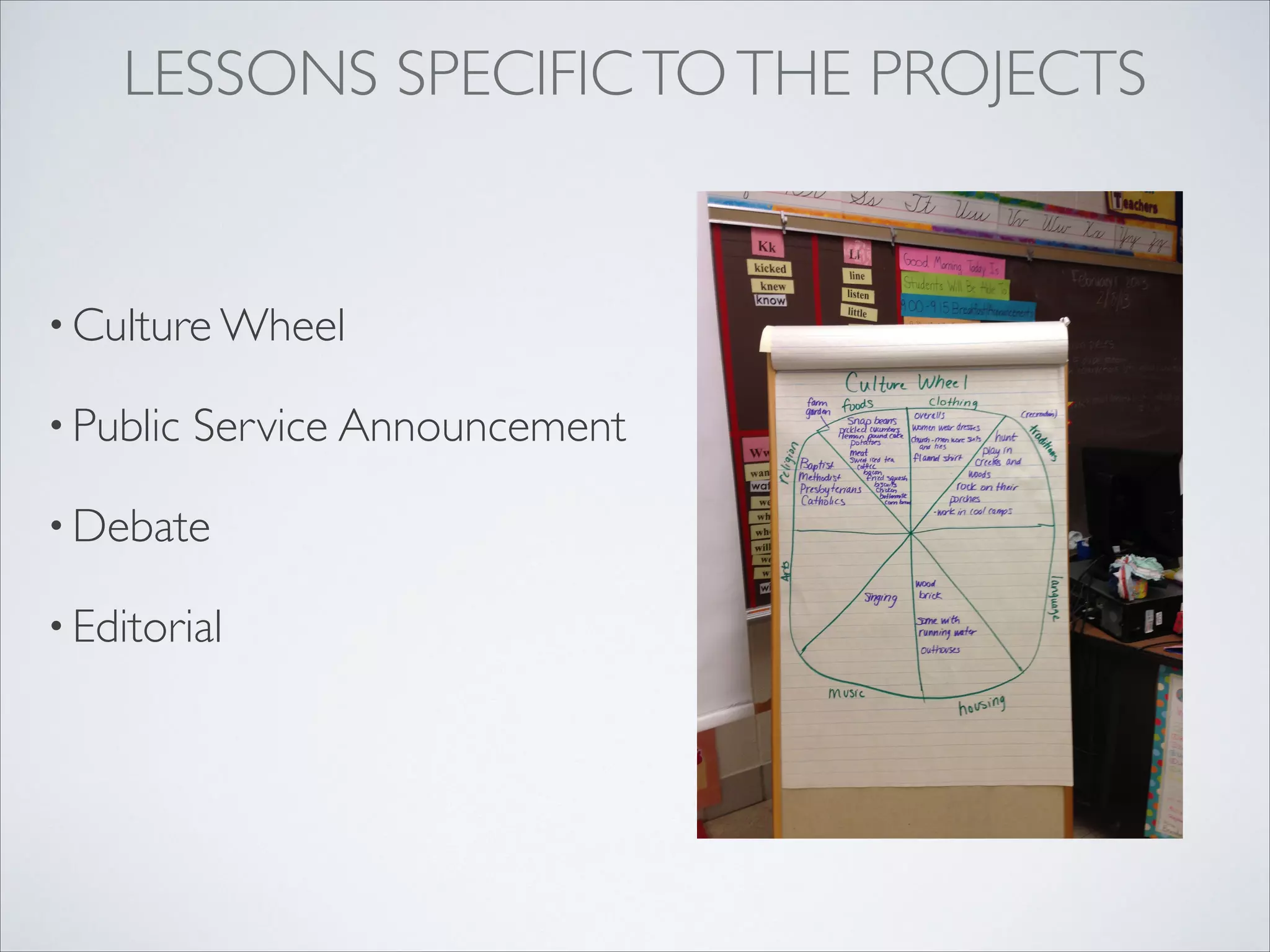 LESSONS SPECIFIC TO THE PROJECTS


• Culture Wheel

• Public   Service Announcement

• Debate

• Editorial
 