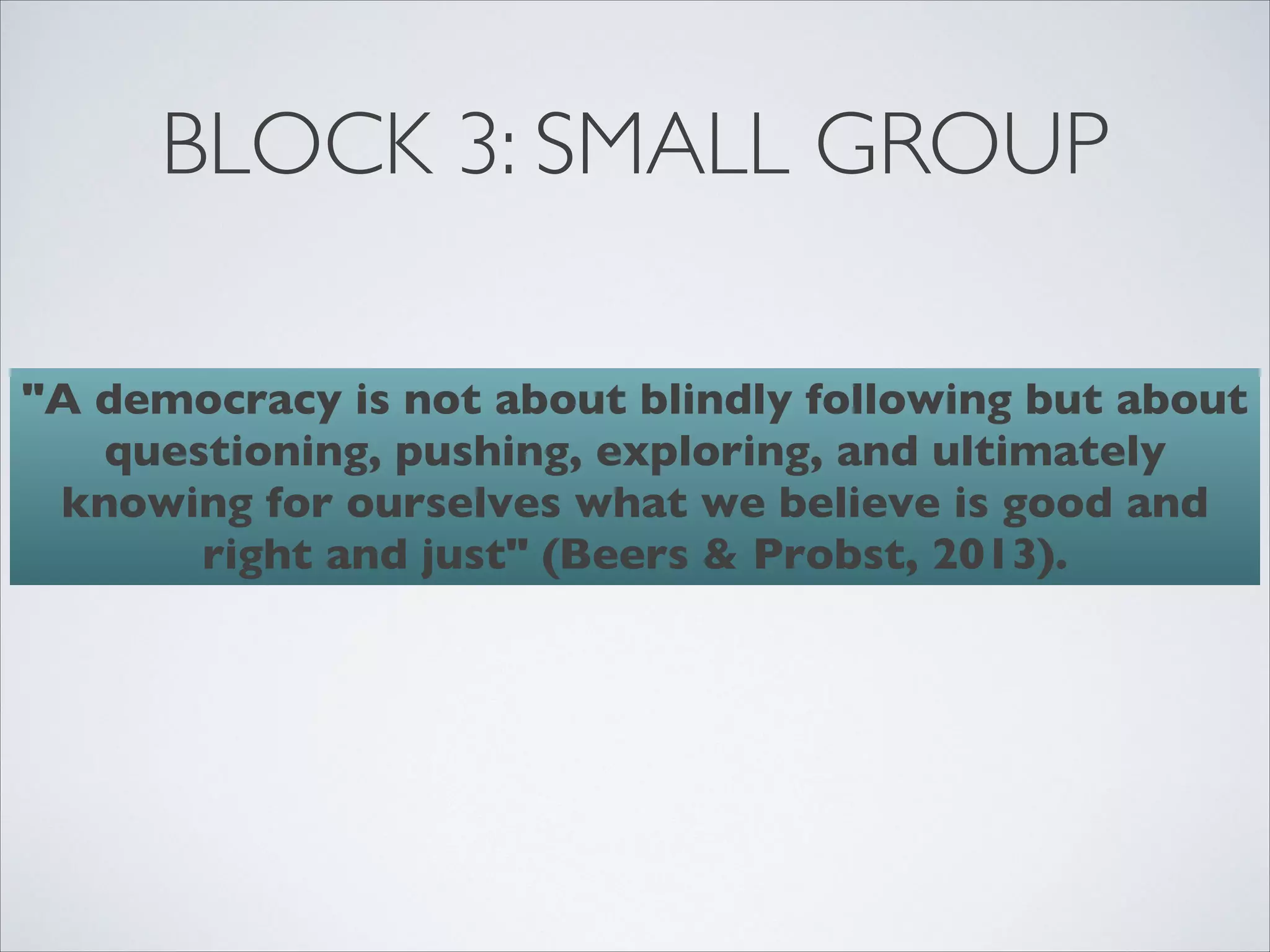 BLOCK 3: SMALL GROUP

"A democracy is not about blindly following but about
   questioning, pushing, exploring, and ultimately
 knowing for ourselves what we believe is good and
       right and just" (Beers & Probst, 2013).
 