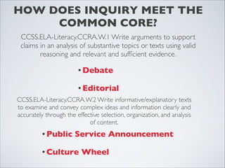 HOW DOES INQUIRY MEET THE
     COMMON CORE?
 CCSS.ELA-Literacy.CCRA.W.1 Write arguments to support
 claims in an analysis of substantive topics or texts using valid
        reasoning and relevant and sufﬁcient evidence.

                        • Debate

                        • Editorial
CCSS.ELA-Literacy.CCRA.W.2 Write informative/explanatory texts
to examine and convey complex ideas and information clearly and
accurately through the effective selection, organization, and analysis
                            of content.
          • Public     Service Announcement

          • Culture      Wheel
 