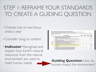 STEP 1: REFRAME YOUR STANDARDS
TO CREATE A GUIDING QUESTION

• Choose  one or two focus
 areas a year

• Consider   tying to content

• Indicator: Recognize  and
 explain how Earth's natural
 resources from the natural
 environment are used to         Guiding Question: How do
 meet human needs.               humans impact the environment?
 