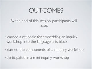 OUTCOMES
     By the end of this session, participants will
                        have:
 


• learned
        a rationale for embedding an inquiry
 workshop into the language arts block
• learned   the components of an inquiry workshop
• participated   in a mini-inquiry workshop
 
