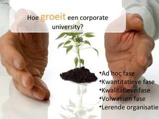 Hoe  groeit   een corporate university? Ad hoc fase Kwantitatieve fase Kwalitatieve fase Volwassen fase Lerende organisatie 