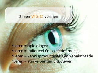 2: een  visie  vormen Leren ≠ opleidingen Leren = indidueel én collectief proces Leren = kennisproductiviteit én kenniscreatie Leren = sterke punten uitbouwen 