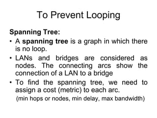 To Prevent Looping
Spanning Tree:
• A spanning tree is a graph in which there
is no loop.
• LANs and bridges are considered as
nodes. The connecting arcs show the
connection of a LAN to a bridge
• To find the spanning tree, we need to
assign a cost (metric) to each arc.
(min hops or nodes, min delay, max bandwidth)
 