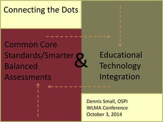 Connecting the Dots 
Common Core 
Standards/Smarter 
Balanced 
Assessments 
Educational 
Technology 
Integration 
& 
Dennis Small, OSPI 
WLMA Conference 
October 3, 2014 
 