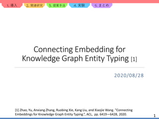 1. 導入 2. 関連研究 3. 提案手法 4. 実験 5. まとめ
Connecting Embedding for
Knowledge Graph Entity Typing [1]
2020/08/28
1
[1] Zhao, Yu, Anxiang Zhang, Ruobing Xie, Kang Liu, and Xiaojie Wang. "Connecting
Embeddings for Knowledge Graph Entity Typing.“, ACL, pp. 6419—6428, 2020.
 