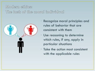 Modern ethics:The task of the moral individualRecognize moral principles and rules of behavior that are consistent with themUse reasoning to determine which rules, if any, apply in particular situationsTake the action most consistent with the applicable rules
