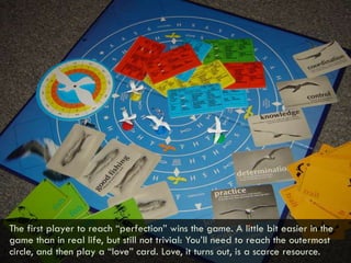 The first player to reach “perfection” wins the game. A little bit easier in the game than in real life, but still not trivial: You’ll need to reach the outermost circle, and then play a “love” card. Love, it turns out, is a scarce resource. 