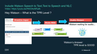1
Hey Watson – What is the TPR Level ?
Include Watson Speech to Text,Text to Speech and NLC
Video: https://youtu.be/R8334oNFplA
WebSite-Input
Node-RED
Audio-Output
Watson’s Answer:
TPR level is GOOD
 