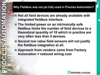 PEPPERL+FUCHS 12
Why Fieldbus was not yet fully used in Process Automation?
<Not all field devices are already available with
integrated fieldbus interface.
<The limited power on an intrinsically safe
fieldbus limits the number of field devices to a
theoretical quantity of 10 which in practice are
very often less than 5 devices.
<Several low value field sensors will not justify
the fieldbus integration at all.
<Approach from vendors came from Factory
Automation = reduced wiring cost
 