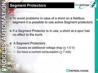 PEPPERL+FUCHS 28
Segment Protectors
<To avoid problems in case of a short on a fieldbus
segment it is possible to use active Segment protectors
<If a Segment Protector is in use, a short at a spur has
no effect to the trunk
< A Segment Protectors
§ Causes an additional voltage drop (< 1.5 V)
§ Do have a current consumption (< 7 mA)
 