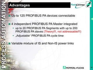 PEPPERL+FUCHS 38
Advantages
<Up to 125 PROFIBUS PA devices connectable
<4 independent PROFIBUS PA Master integrated
§ up to 20 PROFIBUS PA Segments with up to 200
PROFIBUS PA slaves (Theory!!!, not addressable!!!)
§ „Adjustable“ PROFIBUS PA cycle time
<Variable mixture of IS and Non-IS power links
 