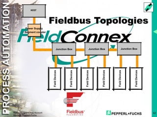 PEPPERL+FUCHS 42
Robby Bosgaerd Key Account
Manager Pepperl-Fuchs
Fieldbus Topologies
Junction Box Junction Box
Junction Box
Power Supply
/ Segment coupler
 