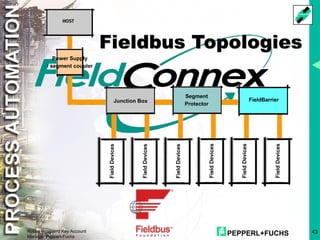 PEPPERL+FUCHS 43
Robby Bosgaerd Key Account
Manager Pepperl-Fuchs
Junction Box Junction Box
Junction Box
Power Supply
/ segment coupler
Segment
Protector
FieldBarrier
Fieldbus Topologies
 