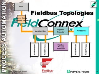 PEPPERL+FUCHS 44
Robby Bosgaerd Key Account
Manager Pepperl-Fuchs
Junction Box
Power Supply
/ segment coupler
Fieldbus
Process
Interfaces
FieldBarrier
Segment
Protector
Fieldbus Topologies
 