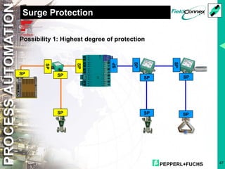 PEPPERL+FUCHS 47
Surge Protection
SP
SP
SP
SP
SP
SP
SP
SP
SP
SP
SP
SP
Possibility 1: Highest degree of protection
 