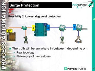PEPPERL+FUCHS 48
Surge Protection
<The truth will be anywhere in between, depending on
§ Real topology
§ Philosophy of the customer
§ ...
Possibility 2: Lowest degree of protection
SP
SP
SP
SP
 