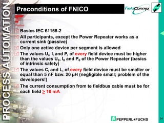 PEPPERL+FUCHS 54
Preconditions of FNICO
+ Basics IEC 61158-2
+ All participants, except the Power Repeater works as a
current sink (passive)
+ Only one active device per segment is allowed
+ The values Ui, Ii and Pi of every field device must be higher
than the values U0, I0 and P0 of the Power Repeater (basics
of intrinsic safety)
+ The values Ci and Li of every field device must be smaller or
equal than 5 nF bzw. 20 µH (negligible small; problem of the
developers!)
+ The current consumption from te fieldbus cable must be for
each field > 10 mA.
 