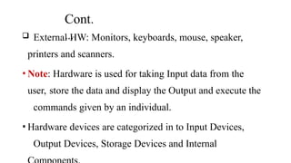 Cont.
….
 External HW: Monitors, keyboards, mouse, speaker,
printers and scanners.
• Note: Hardware is used for taking Input data from the
user, store the data and display the Output and execute the
commands given by an individual.
• Hardware devices are categorized in to Input Devices,
Output Devices, Storage Devices and Internal
 