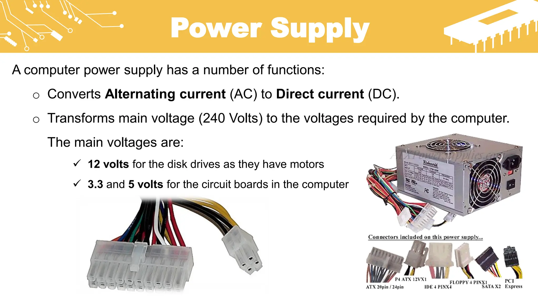 Power Supply
A computer power supply has a number of functions:
o Converts Alternating current (AC) to Direct current (DC).
o Transforms main voltage (240 Volts) to the voltages required by the computer.
The main voltages are:
✓ 12 volts for the disk drives as they have motors
✓ 3.3 and 5 volts for the circuit boards in the computer
 