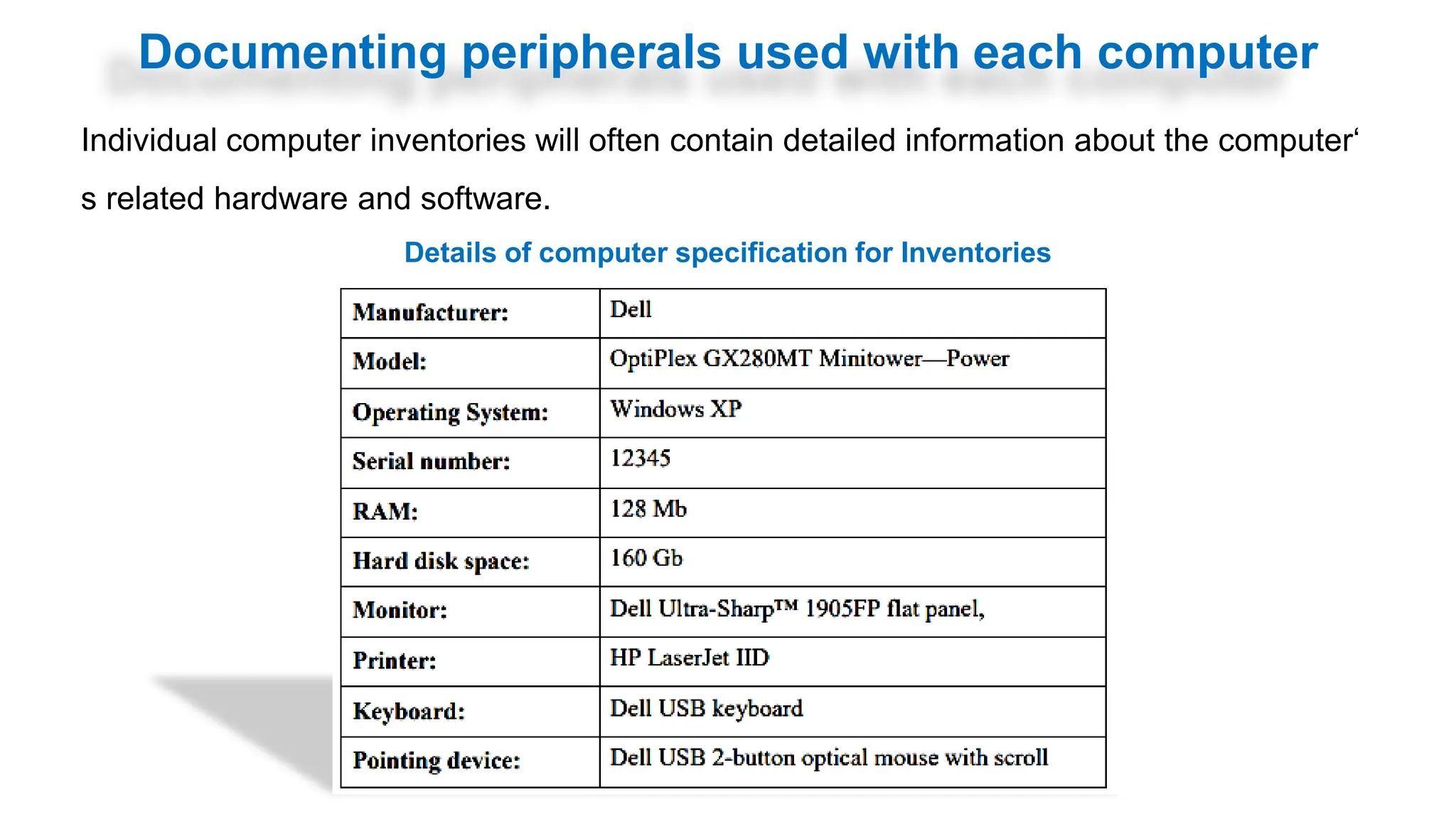 Documenting peripherals used with each computer
Individual computer inventories will often contain detailed information about the computer‘
s related hardware and software.
Details of computer specification for Inventories
 