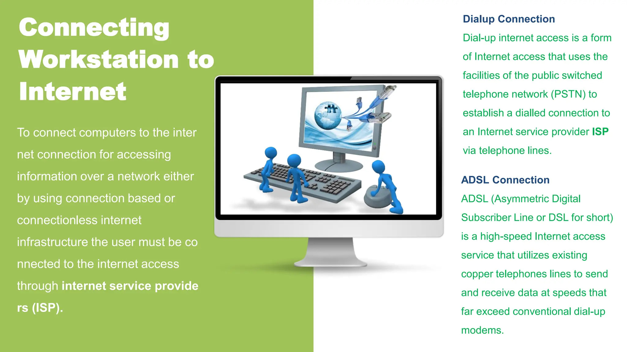 Connecting
Workstation to
Internet
To connect computers to the inter
net connection for accessing
information over a network either
by using connection based or
connectionless internet
infrastructure the user must be co
nnected to the internet access
through internet service provide
rs (ISP).
Dialup Connection
Dial-up internet access is a form
of Internet access that uses the
facilities of the public switched
telephone network (PSTN) to
establish a dialled connection to
an Internet service provider ISP
via telephone lines.
ADSL Connection
ADSL (Asymmetric Digital
Subscriber Line or DSL for short)
is a high-speed Internet access
service that utilizes existing
copper telephones lines to send
and receive data at speeds that
far exceed conventional dial-up
modems.
 