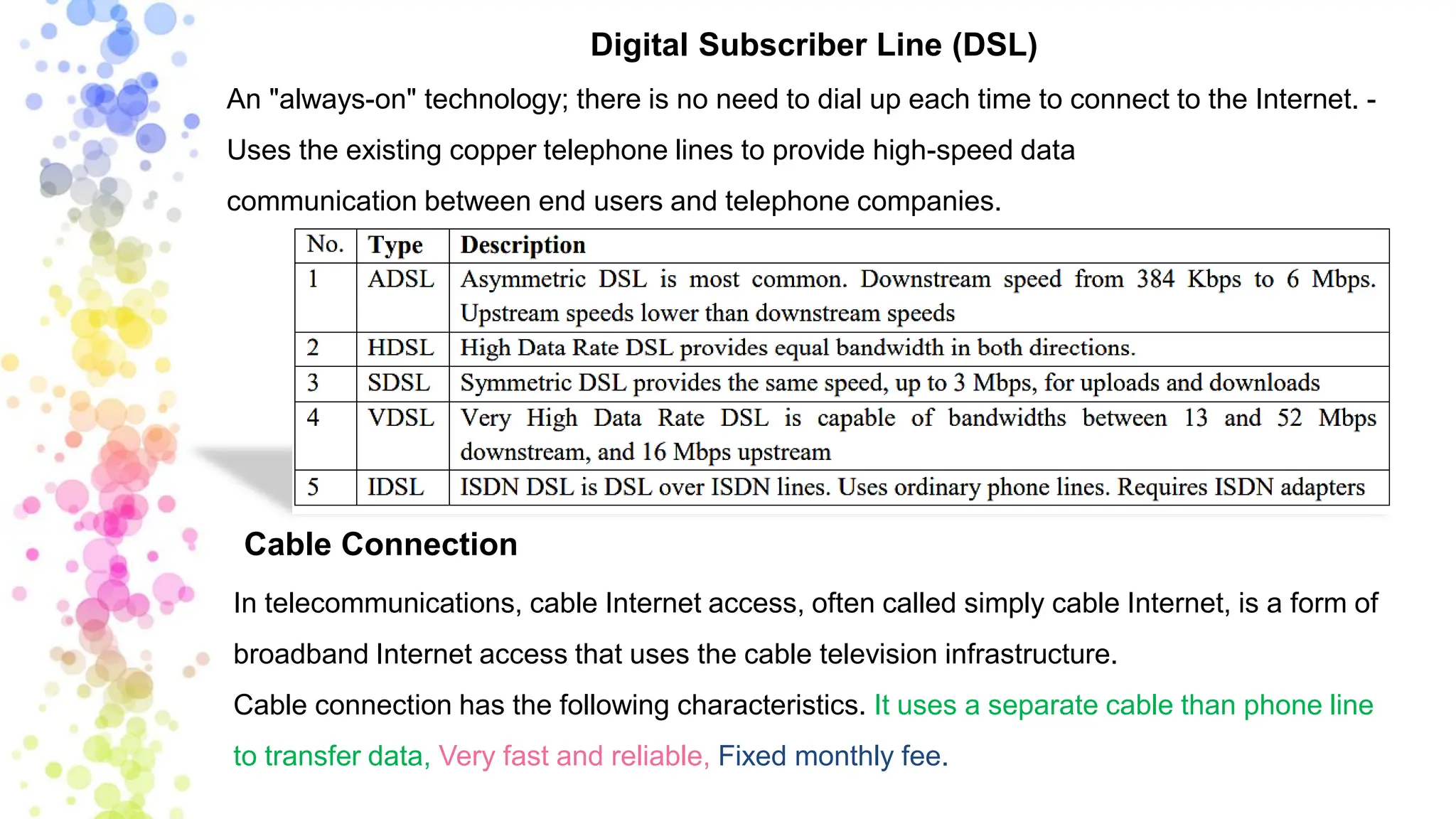 Digital Subscriber Line (DSL)
An "always-on" technology; there is no need to dial up each time to connect to the Internet. -
Uses the existing copper telephone lines to provide high-speed data
communication between end users and telephone companies.
Cable Connection
In telecommunications, cable Internet access, often called simply cable Internet, is a form of
broadband Internet access that uses the cable television infrastructure.
Cable connection has the following characteristics. It uses a separate cable than phone line
to transfer data, Very fast and reliable, Fixed monthly fee.
 