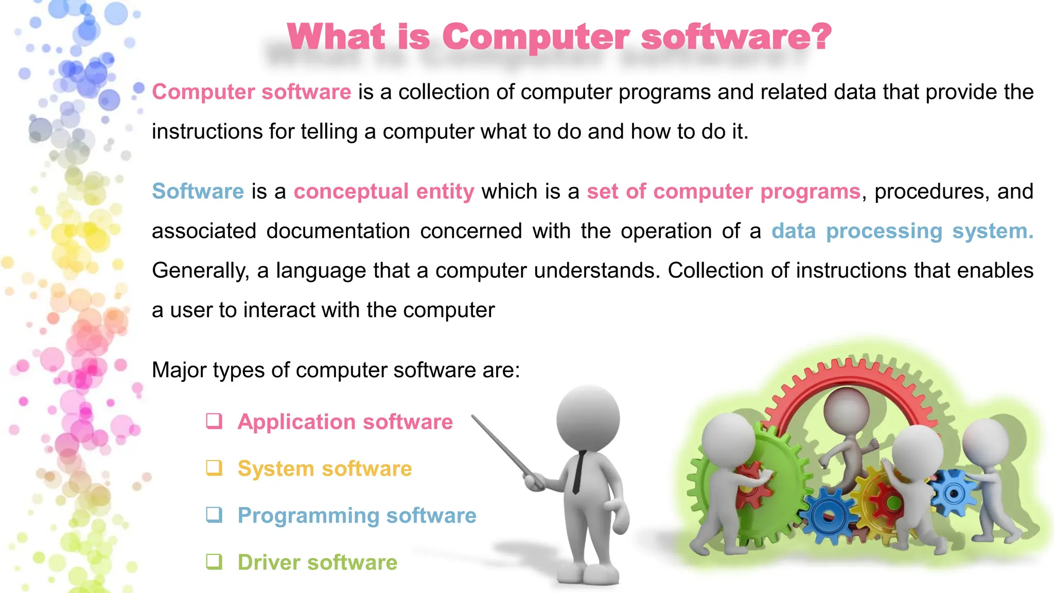 What is Computer software?
Computer software is a collection of computer programs and related data that provide the
instructions for telling a computer what to do and how to do it.
Software is a conceptual entity which is a set of computer programs, procedures, and
associated documentation concerned with the operation of a data processing system.
Generally, a language that a computer understands. Collection of instructions that enables
a user to interact with the computer
Major types of computer software are:
❑ Application software
❑ System software
❑ Programming software
❑ Driver software
 