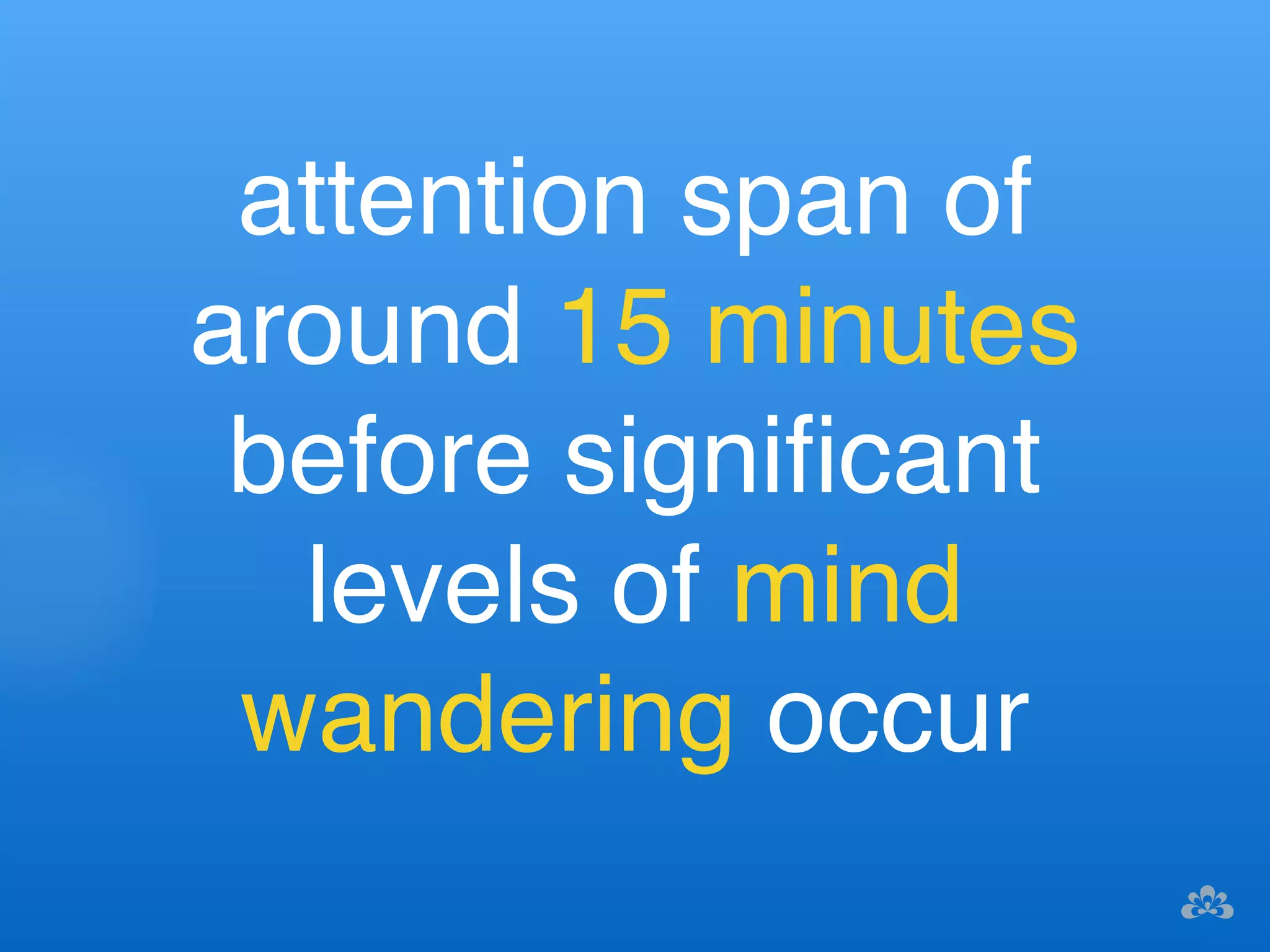 attention span of 
around 15 minutes 
before significant 
levels of mind 
wandering occur 
 