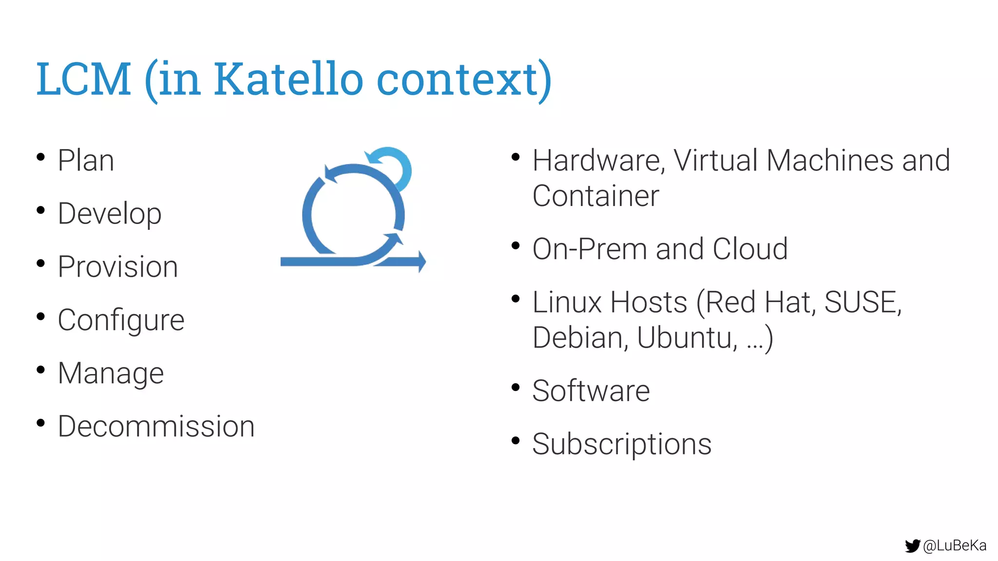 @LuBeKa
LCM (in Katello context)
• Plan
• Develop
• Provision
• Configure
• Manage
• Decommission
• Hardware, Virtual Machines and
Container
• On-Prem and Cloud
• Linux Hosts (Red Hat, SUSE,
Debian, Ubuntu, …)
• Software
• Subscriptions
 