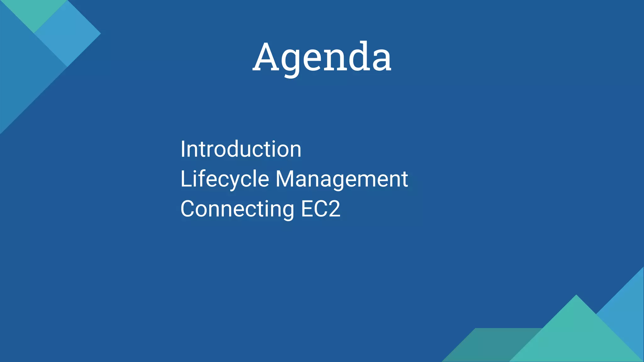 Agenda
Introduction
Lifecycle Management
Connecting EC2
 