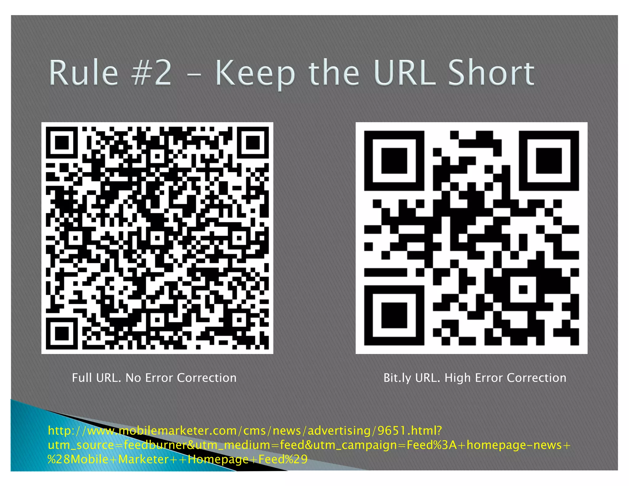 Full URL. No Error Correction              Bit.ly URL. High Error Correction



http://www.mobilemarketer.com/cms/news/advertising/9651.html?
utm_source=feedburner&utm_medium=feed&utm_campaign=Feed%3A+homepage-news+
%28Mobile+Marketer++Homepage+Feed%29
 