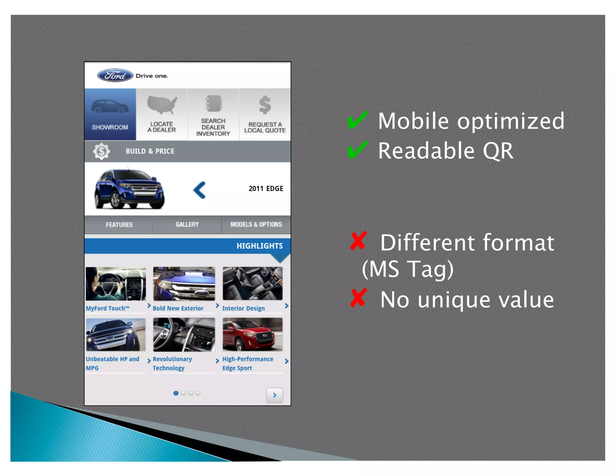 ✔  Mobile optimized
✔  Readable QR


✘  Different format
 (MS Tag)
✘  No unique value
 